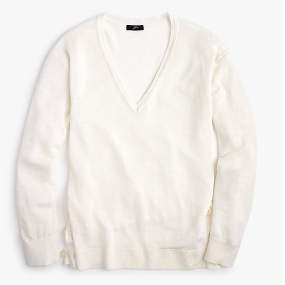 J Crew V-Neck Linen Blend Side Buttons Airy Slouchy Swingy Layering Sweater M